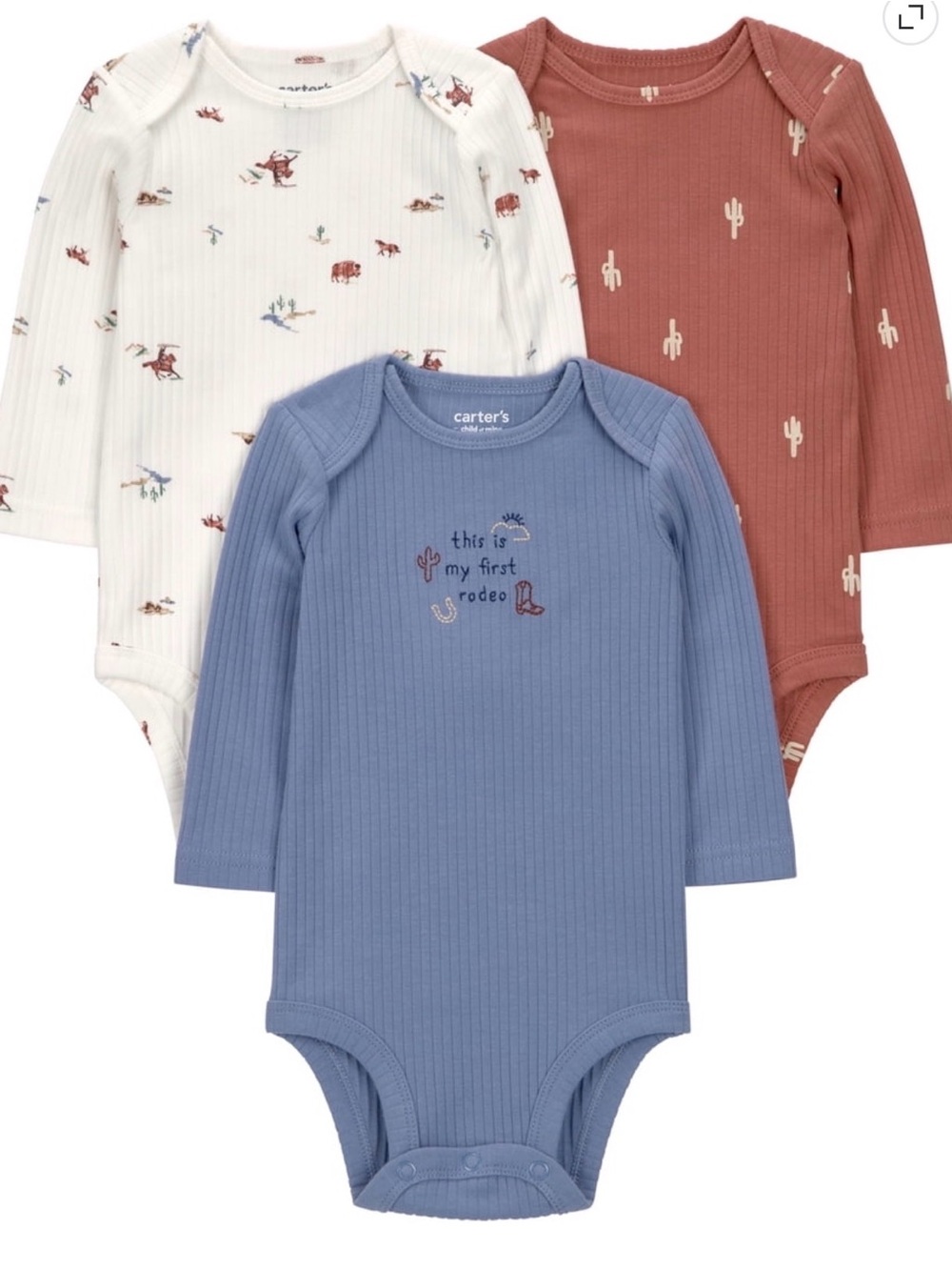 Carter's Long-Sleeve Ribbed Bodysuit 3-Pack - Blue, Rust, Cream